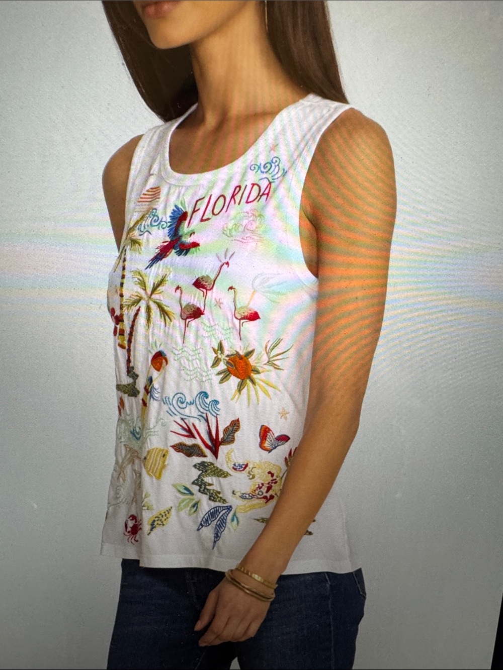 Johnny Was White Tropical 'Florida' Embroidered Sleeveless Tank - Picture 2 of 3